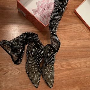 Net rhinestone over the knee heels